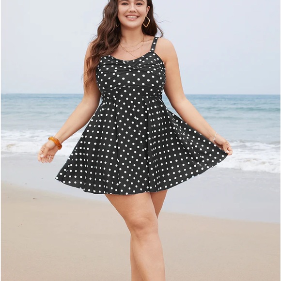 Size 22 - 24 • 3x • BloomChic • black Polka Dot Crossover Flutter Hem Swim Dress - Picture 2 of 7